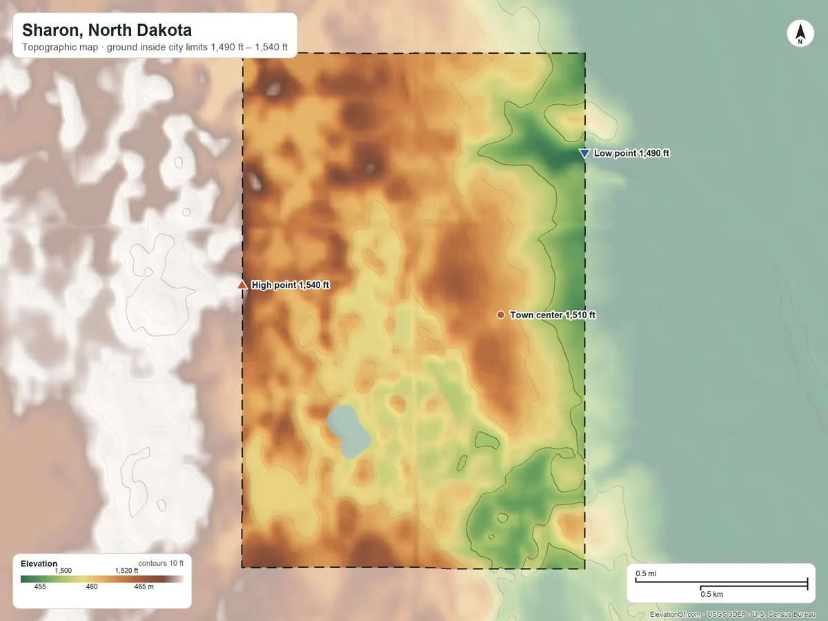 Topographic elevation map of Sharon, North Dakota, shaded from 1,490 ft on the northeast side to 1,540 ft on the west side