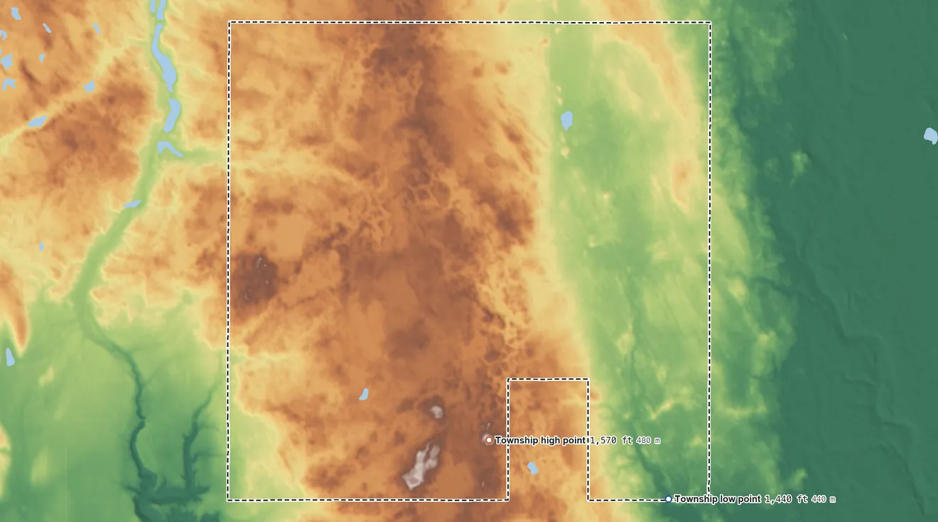 Topographic elevation map of Sharon Township, North Dakota, shaded from 1,440 ft on the southeast side to 1,570 ft on the south side