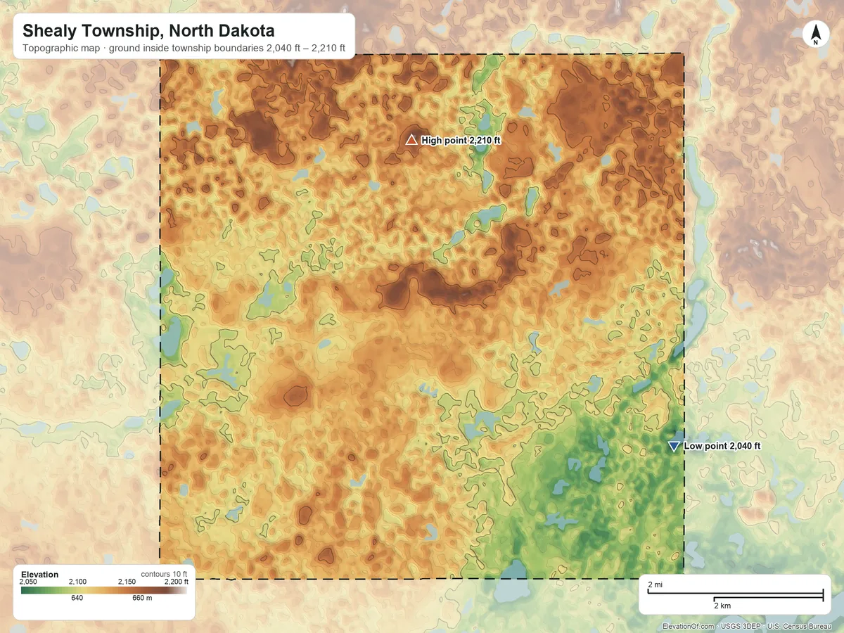 Topographic elevation map of Shealy Township, North Dakota, shaded from 2,040 ft on the east side to 2,210 ft on the north side