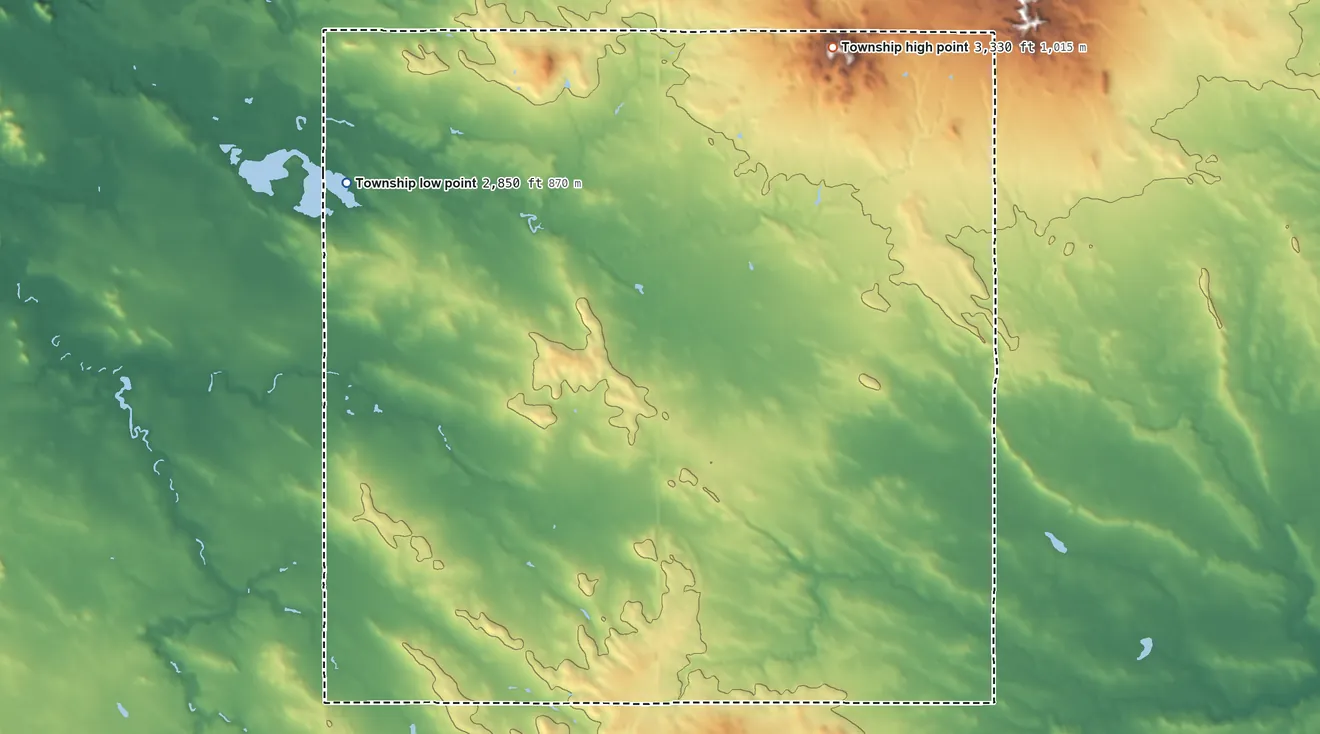 Topographic elevation map of Sheets Township, North Dakota, shaded from 2,850 ft on the northwest side to 3,330 ft on the northeast side