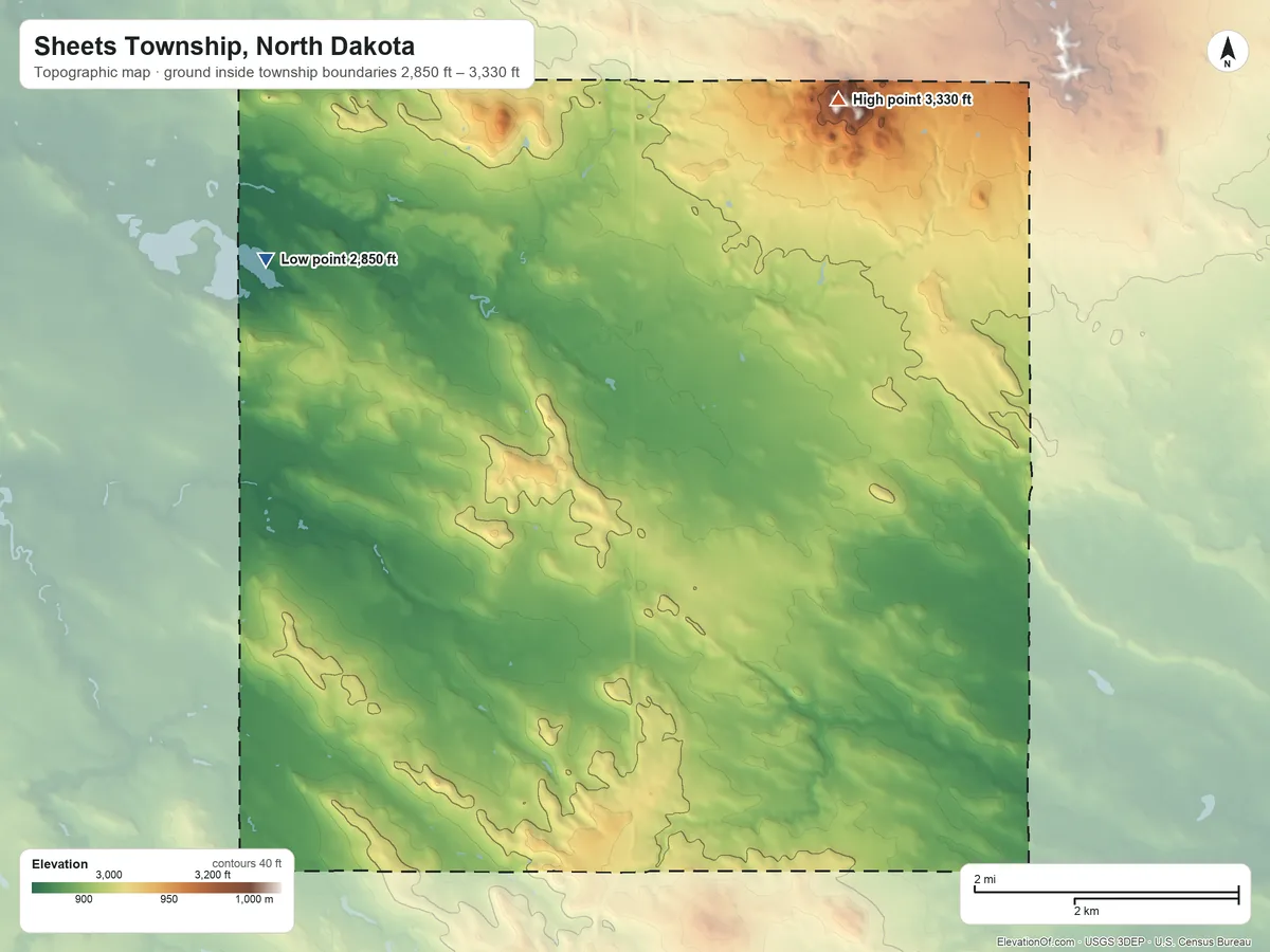 Topographic elevation map of Sheets Township, North Dakota, shaded from 2,850 ft on the northwest side to 3,330 ft on the northeast side