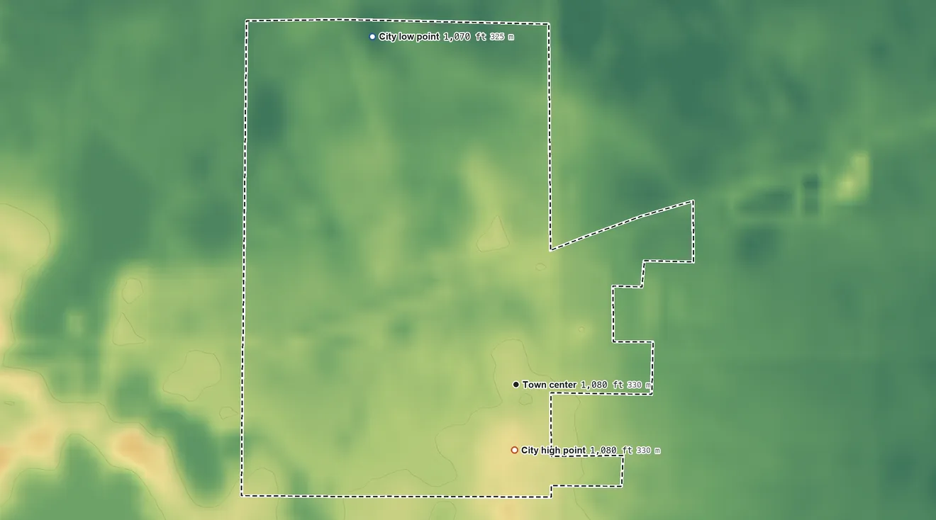 Topographic elevation map of Sheldon, North Dakota, shaded from 1,070 ft on the north side to 1,080 ft near the middle