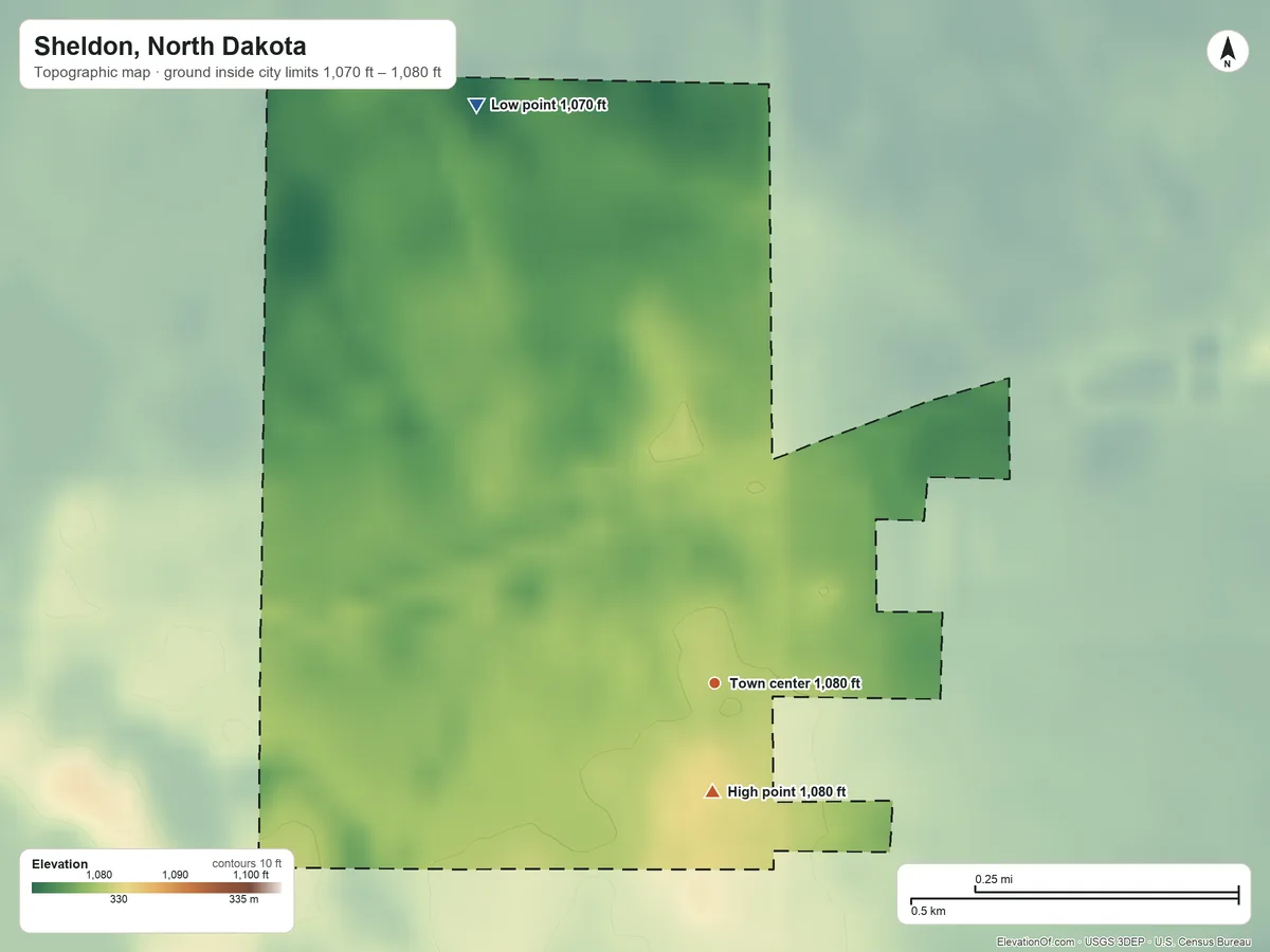 Topographic elevation map of Sheldon, North Dakota, shaded from 1,070 ft on the north side to 1,080 ft near the middle