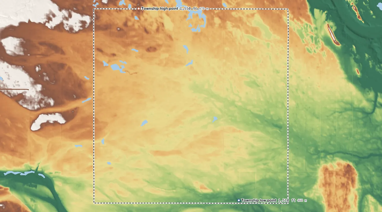 Topographic elevation map of Sheldon Township, North Dakota, shaded from 1,510 ft on the south side to 1,550 ft on the northwest side