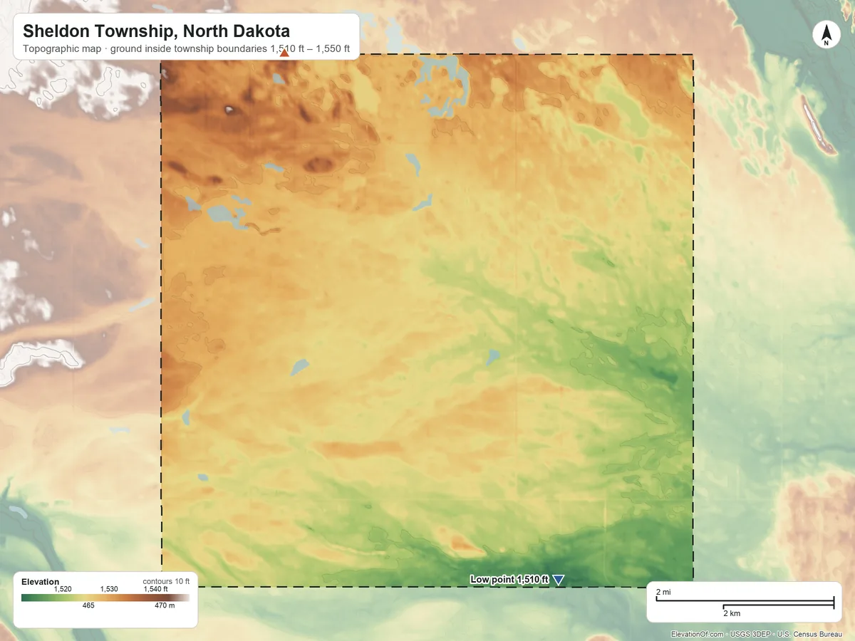 Topographic elevation map of Sheldon Township, North Dakota, shaded from 1,510 ft on the south side to 1,550 ft on the northwest side