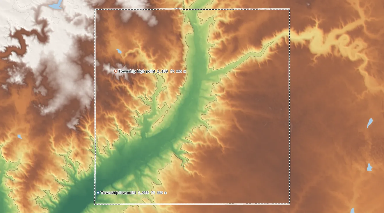 Topographic elevation map of Shell Township, North Dakota, shaded from 1,900 ft on the southwest side to 2,180 ft on the northwest side