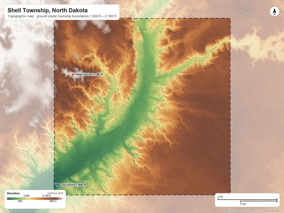 Topographic elevation map of Shell Township, North Dakota, shaded from 1,900 ft on the southwest side to 2,180 ft on the northwest side