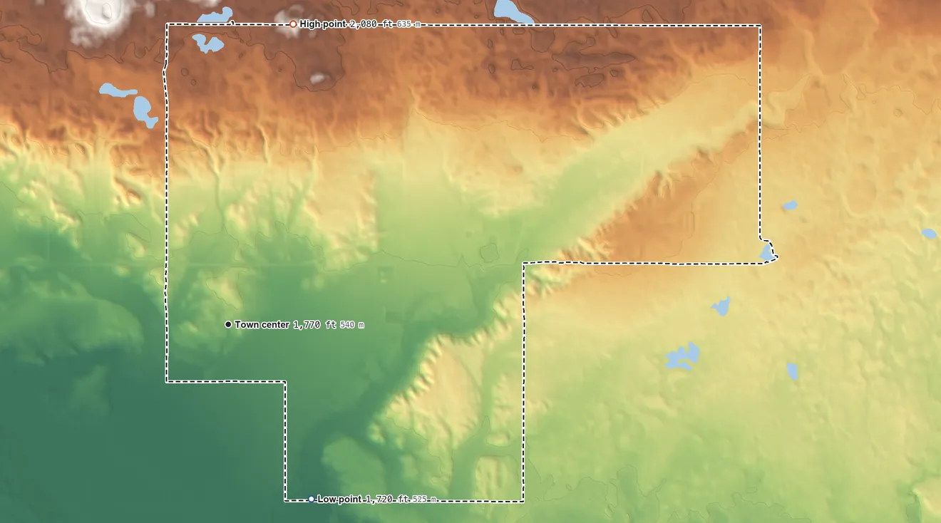 Topographic elevation map of Shell Valley, North Dakota, shaded from 1,720 ft on the southeast side to 2,080 ft on the north side