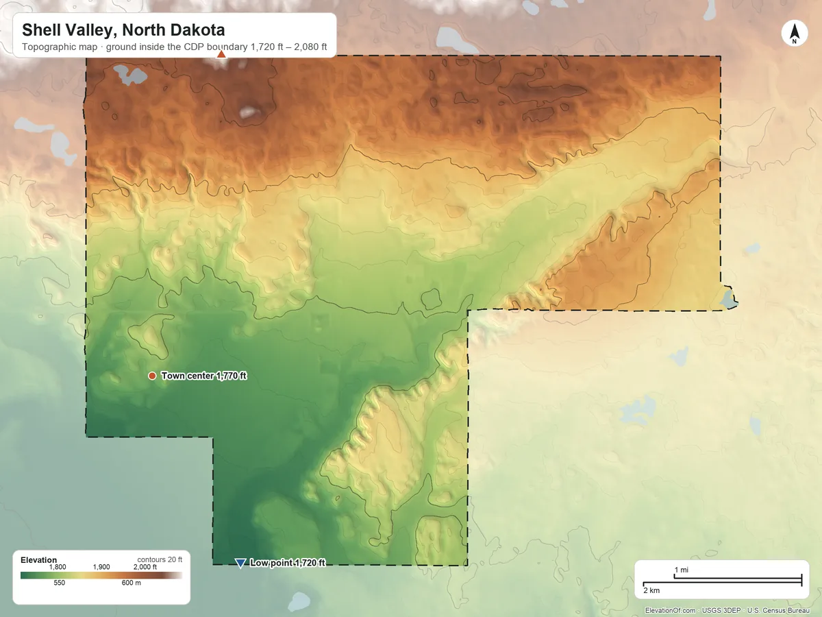 Topographic elevation map of Shell Valley, North Dakota, shaded from 1,720 ft on the southeast side to 2,080 ft on the north side