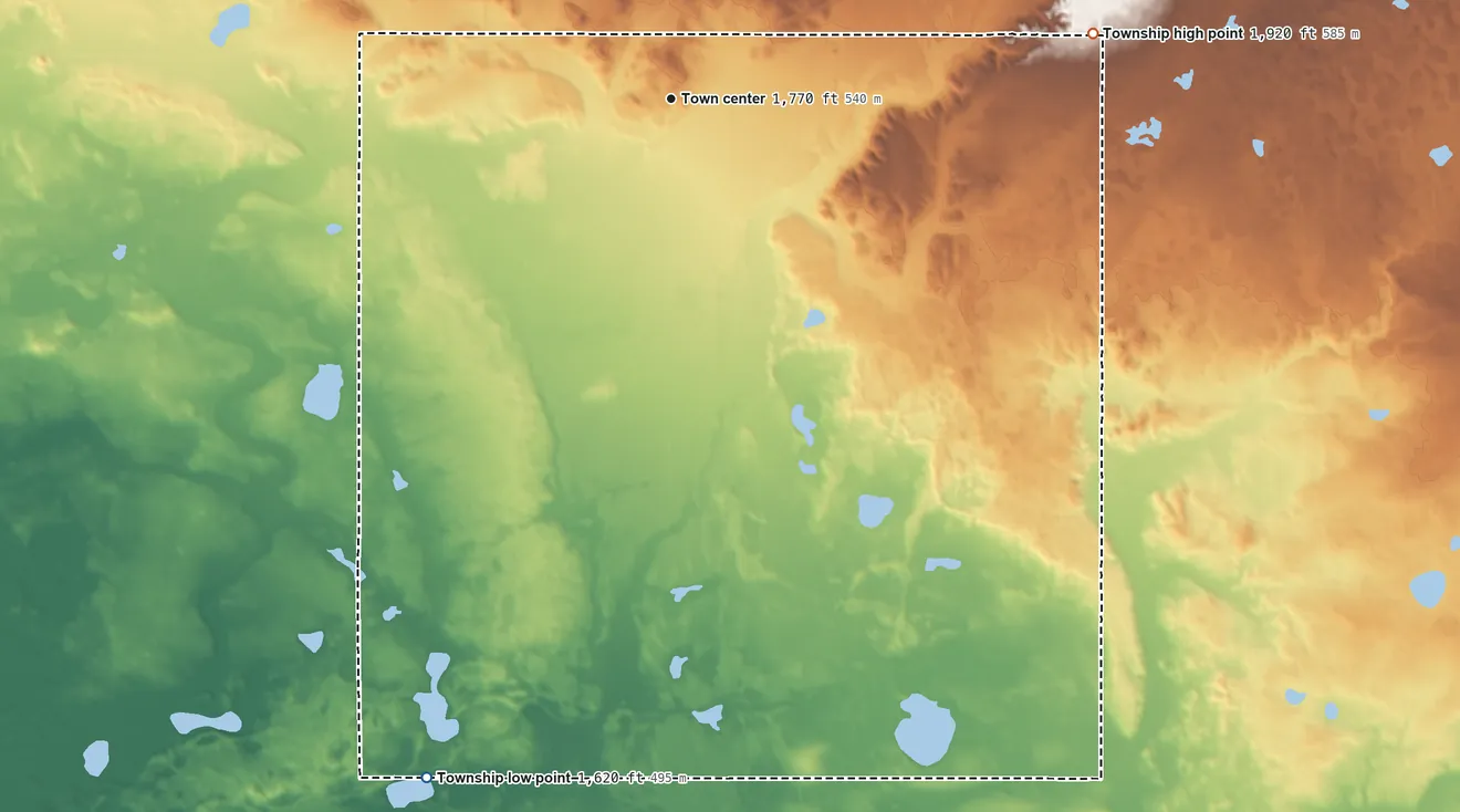 Topographic elevation map of Shell Valley Township, North Dakota, shaded from 1,620 ft on the south side to 1,920 ft on the east side