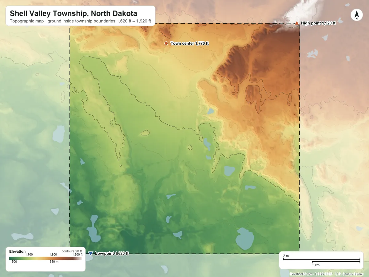 Topographic elevation map of Shell Valley Township, North Dakota, shaded from 1,620 ft on the south side to 1,920 ft on the east side