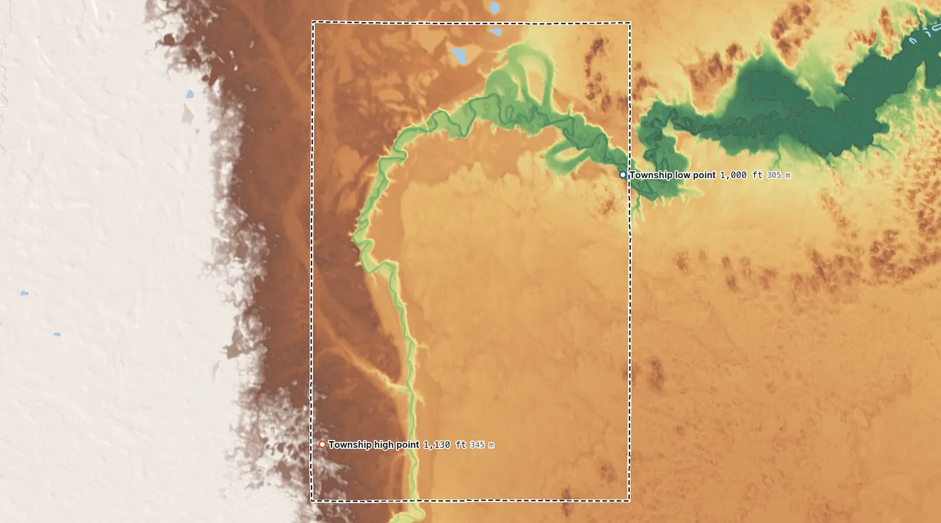 Topographic elevation map of Shenford Township, North Dakota, shaded from 1,000 ft on the northeast side to 1,130 ft on the southwest side