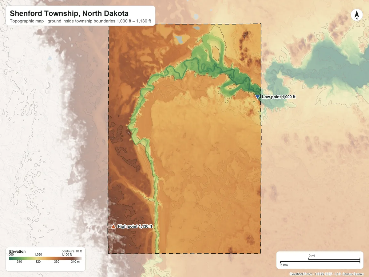 Topographic elevation map of Shenford Township, North Dakota, shaded from 1,000 ft on the northeast side to 1,130 ft on the southwest side