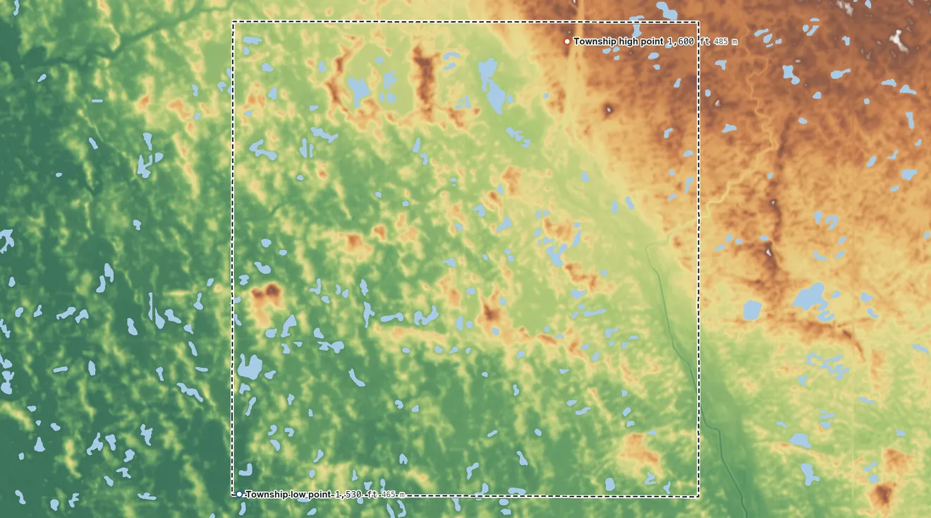 Topographic elevation map of Shepherd Township, North Dakota, shaded from 1,530 ft on the southwest side to 1,600 ft on the north side