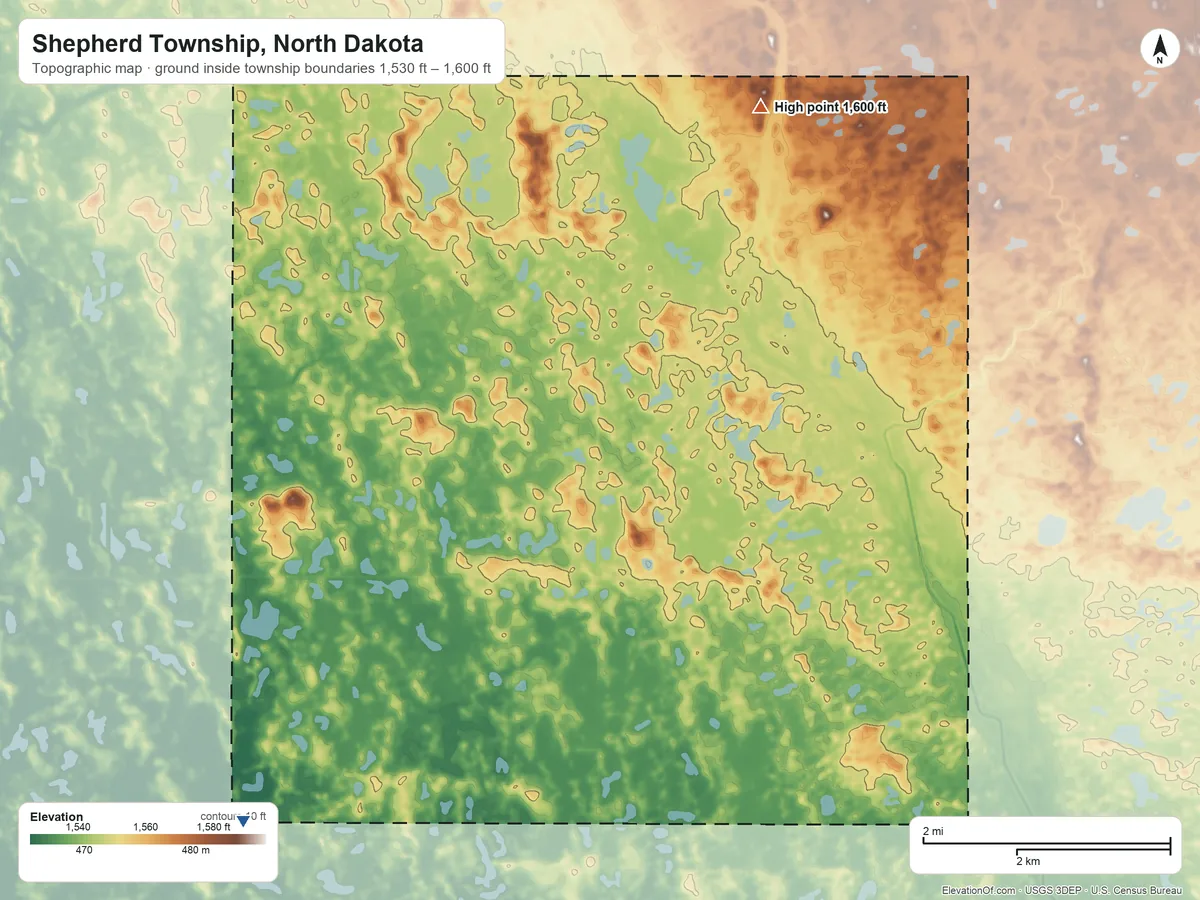 Topographic elevation map of Shepherd Township, North Dakota, shaded from 1,530 ft on the southwest side to 1,600 ft on the north side