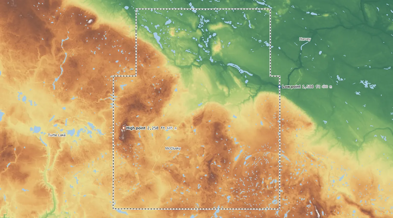 Topographic elevation map of Sheridan County, North Dakota, shaded from 1,580 ft on the east side to 2,250 ft on the west side