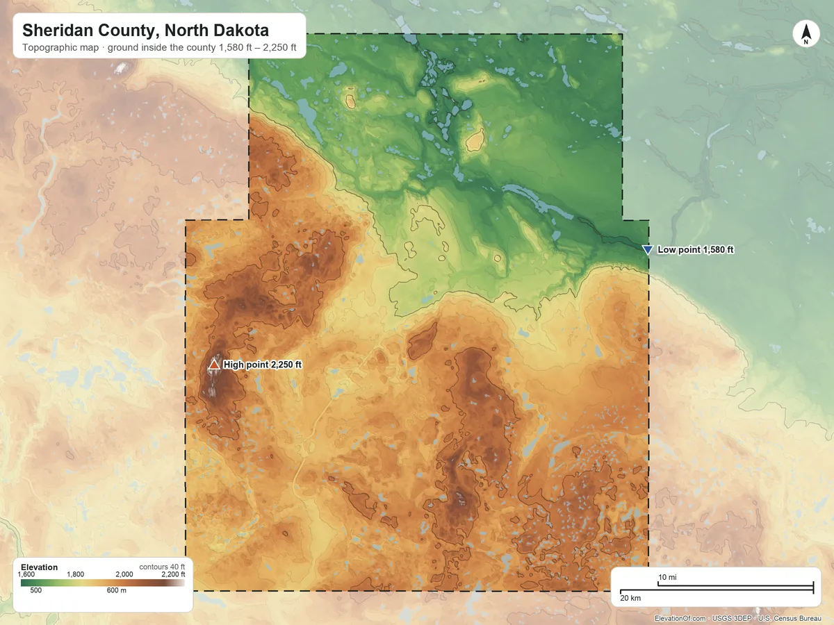 Topographic elevation map of Sheridan County, North Dakota, shaded from 1,580 ft on the east side to 2,250 ft on the west side