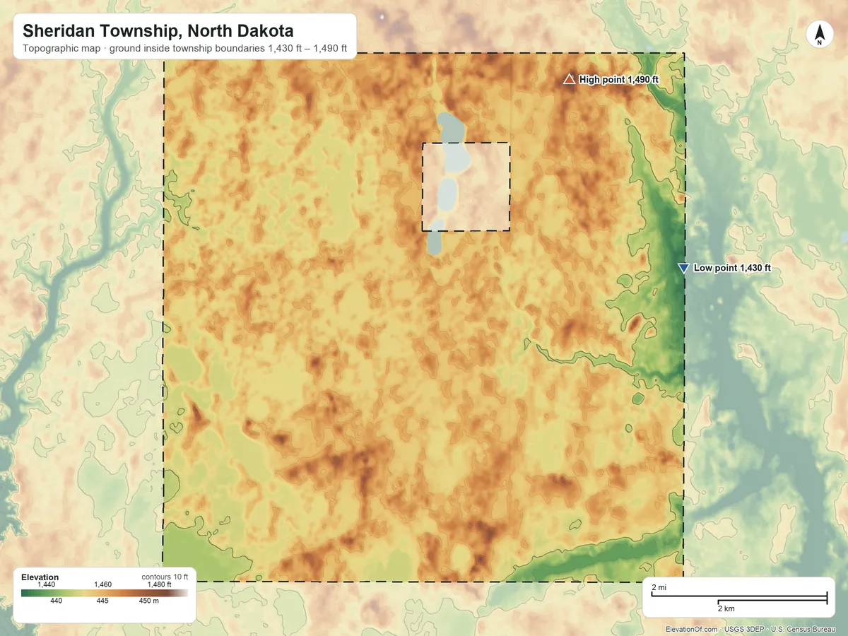 Topographic elevation map of Sheridan Township, North Dakota, shaded from 1,430 ft on the northeast side to 1,490 ft on the north side