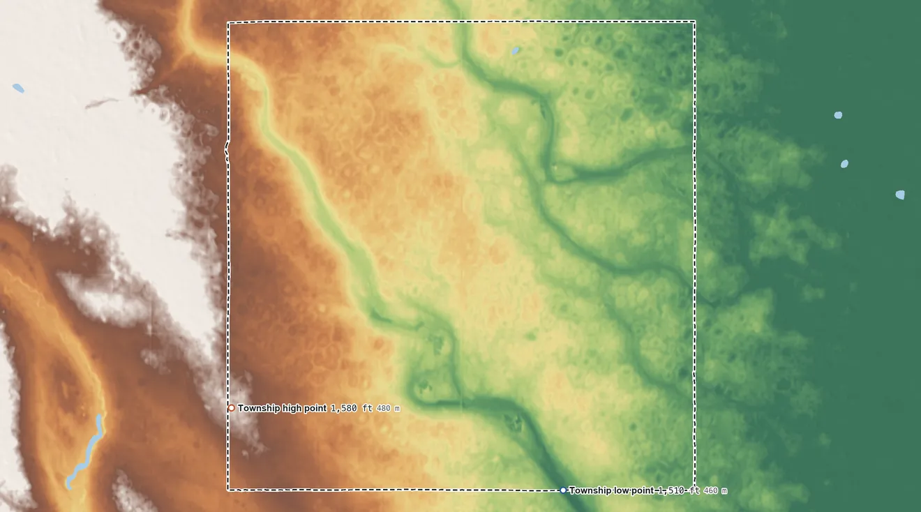 Topographic elevation map of Sherman Township, North Dakota, shaded from 1,510 ft on the south side to 1,580 ft on the southwest side