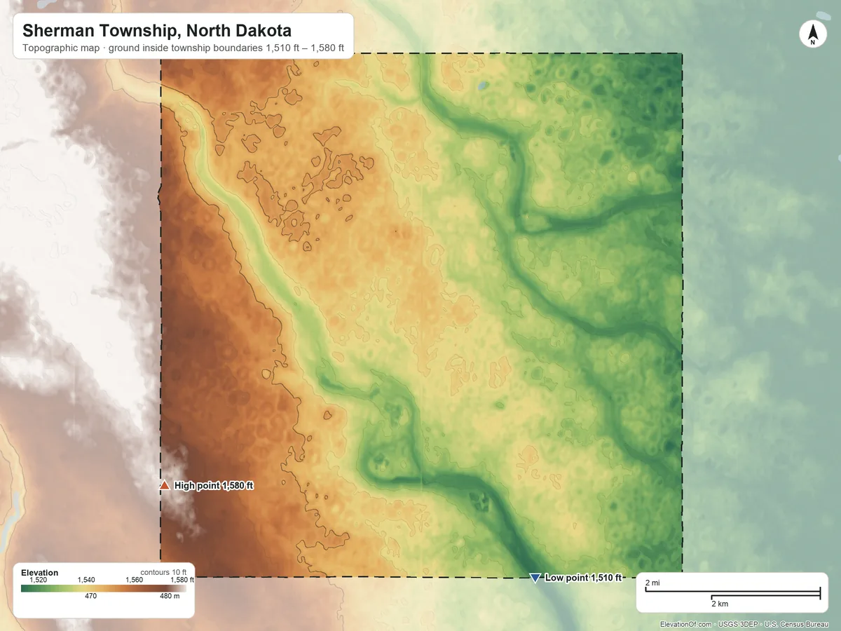 Topographic elevation map of Sherman Township, North Dakota, shaded from 1,510 ft on the south side to 1,580 ft on the southwest side