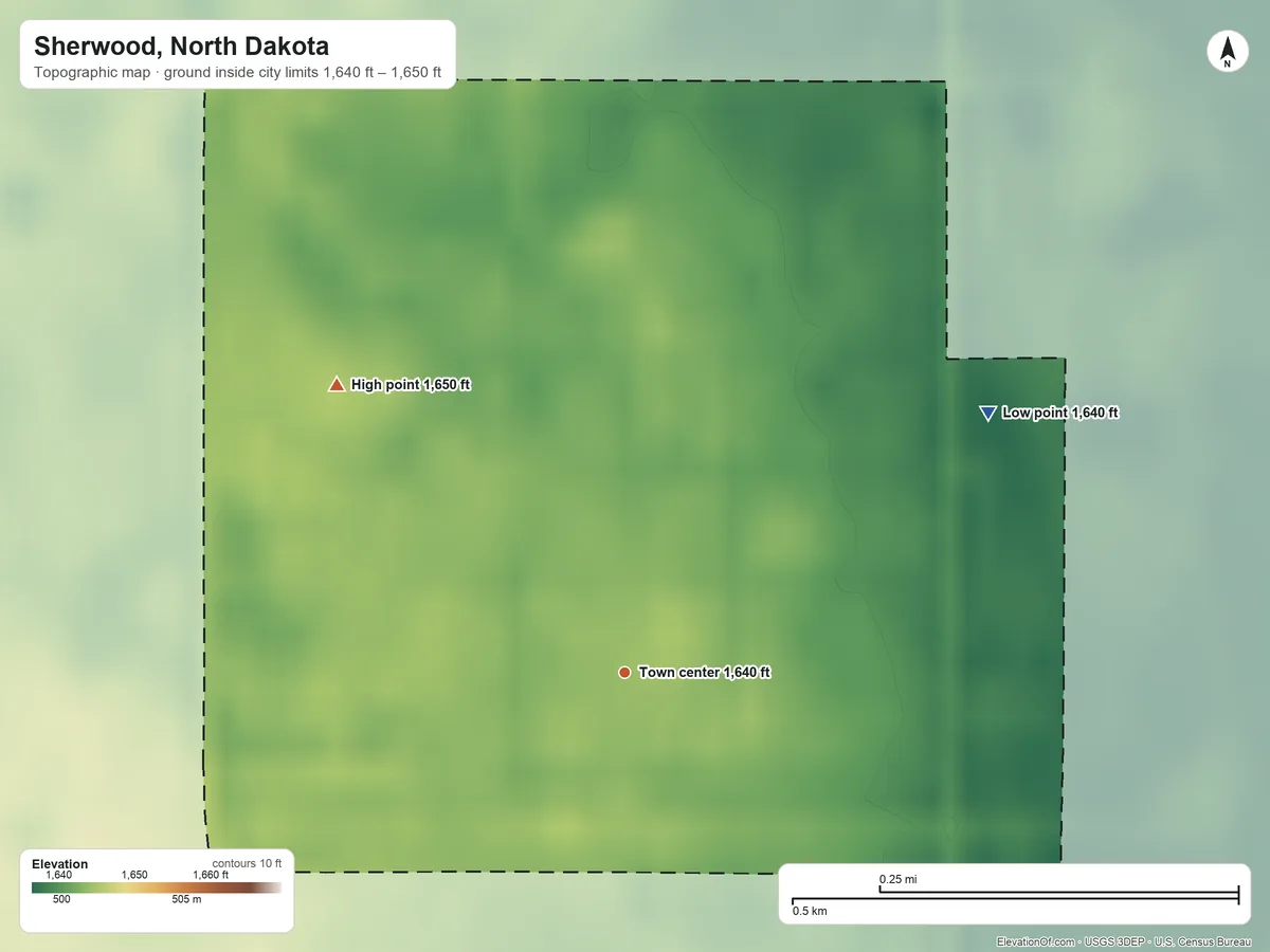 Topographic elevation map of Sherwood, North Dakota, shaded from 1,640 ft on the northeast side to 1,650 ft on the northwest side