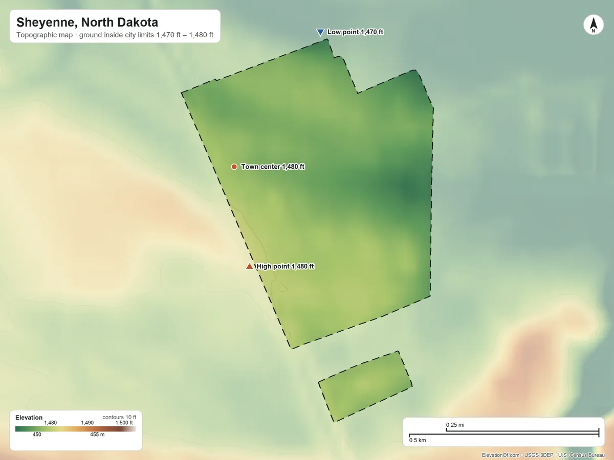 Topographic elevation map of Sheyenne, North Dakota, shaded from 1,470 ft on the northeast side to 1,480 ft on the south side