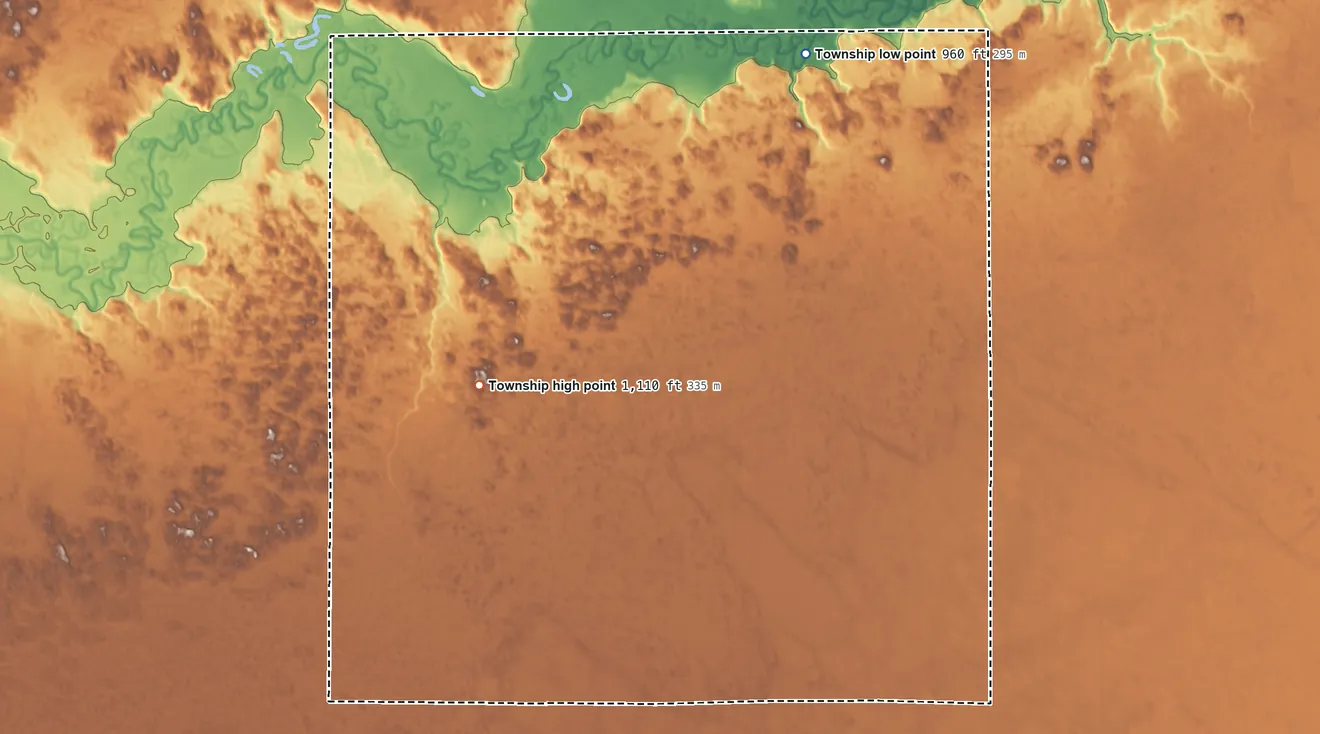Topographic elevation map of Sheyenne Township, North Dakota, shaded from 960 ft on the northeast side to 1,110 ft on the west side