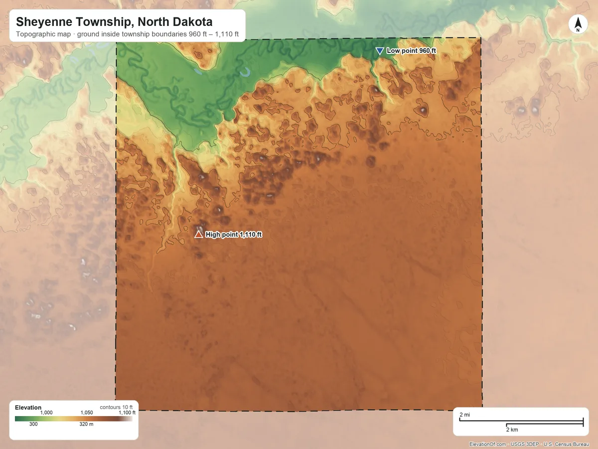 Topographic elevation map of Sheyenne Township, North Dakota, shaded from 960 ft on the northeast side to 1,110 ft on the west side