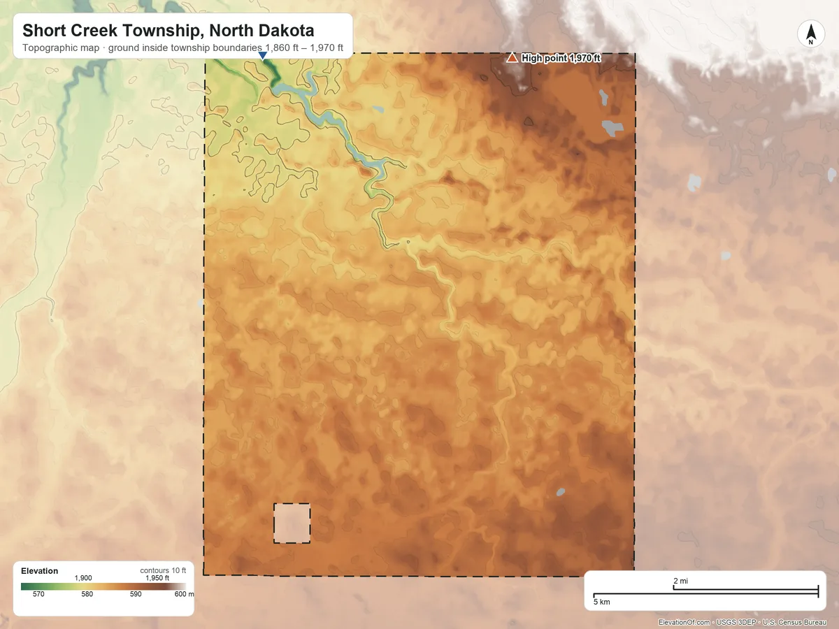 Topographic elevation map of Short Creek Township, North Dakota, shaded from 1,860 ft on the north side to 1,970 ft on the northeast side