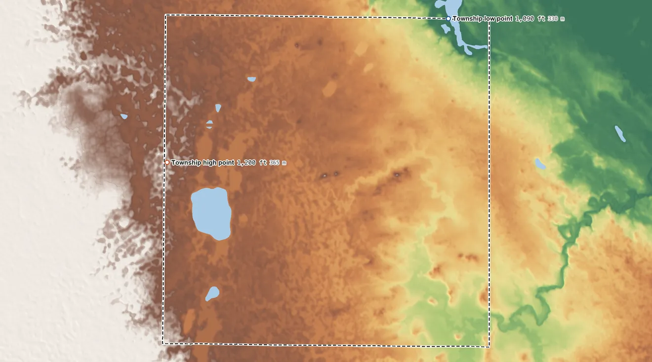 Topographic elevation map of Shuman Township, North Dakota, shaded from 1,090 ft on the northeast side to 1,200 ft on the northwest side