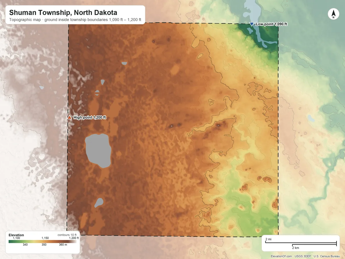 Topographic elevation map of Shuman Township, North Dakota, shaded from 1,090 ft on the northeast side to 1,200 ft on the northwest side