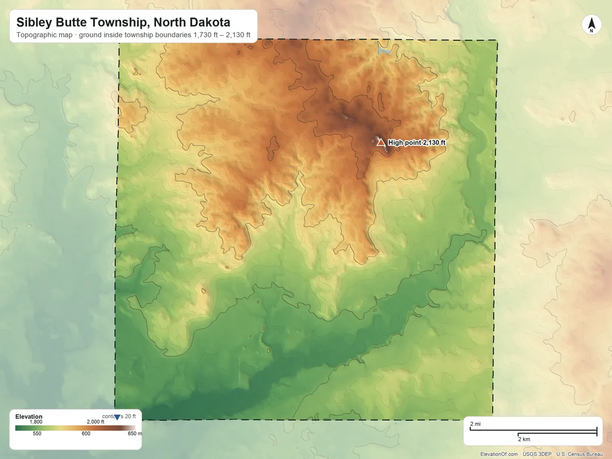 Topographic elevation map of Sibley Butte Township, North Dakota, shaded from 1,730 ft on the west side to 2,130 ft on Sibley Butte