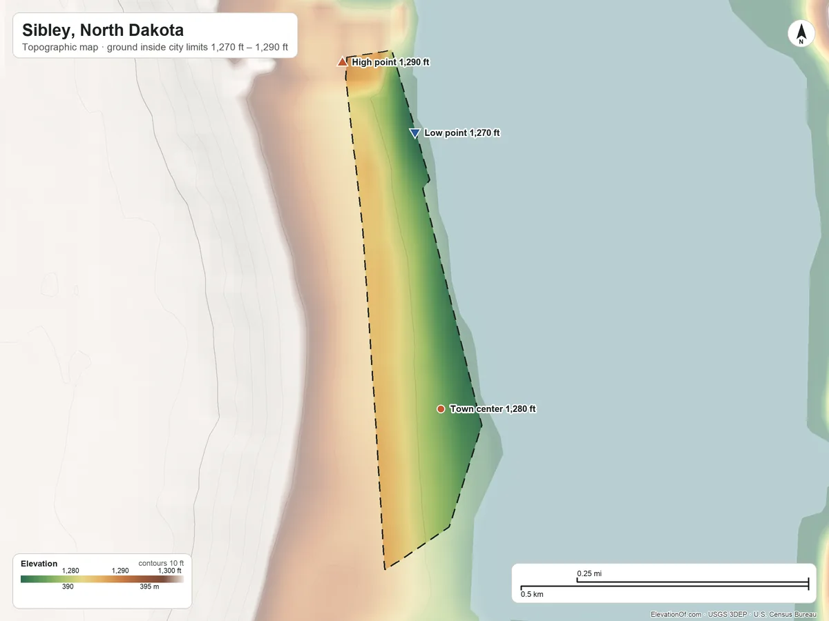 Topographic elevation map of Sibley, North Dakota, shaded from 1,270 ft on the north side to 1,290 ft on the north side