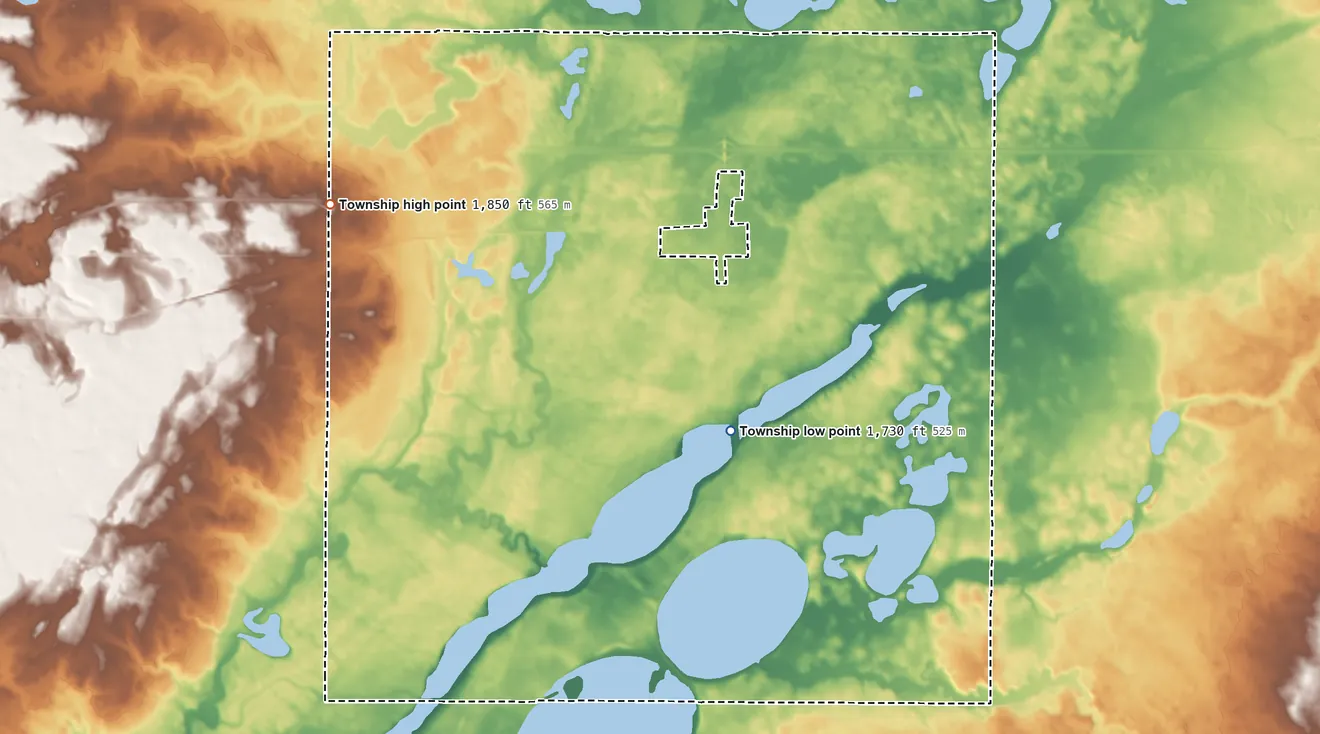Topographic elevation map of Sibley Township, North Dakota, shaded from 1,730 ft on the southwest side to 1,850 ft on the west side