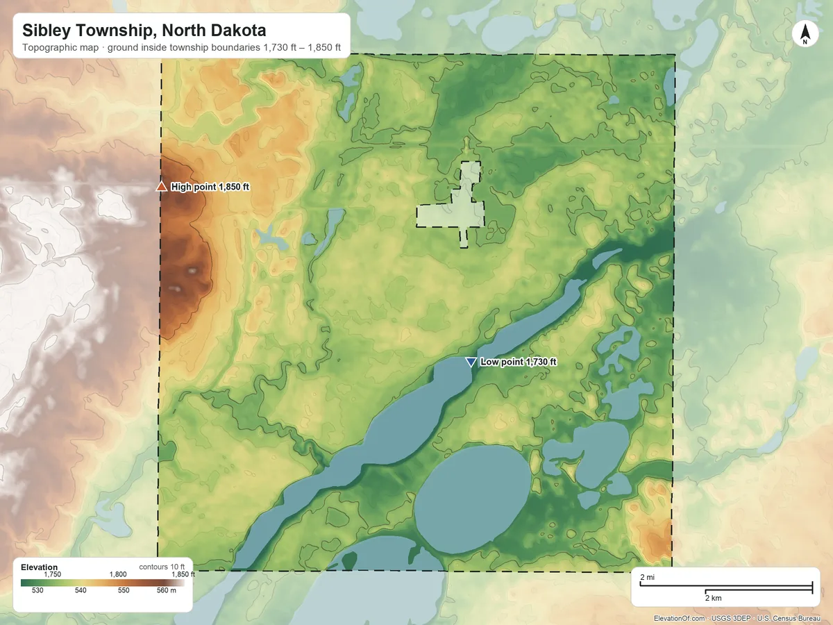 Topographic elevation map of Sibley Township, North Dakota, shaded from 1,730 ft on the southwest side to 1,850 ft on the west side