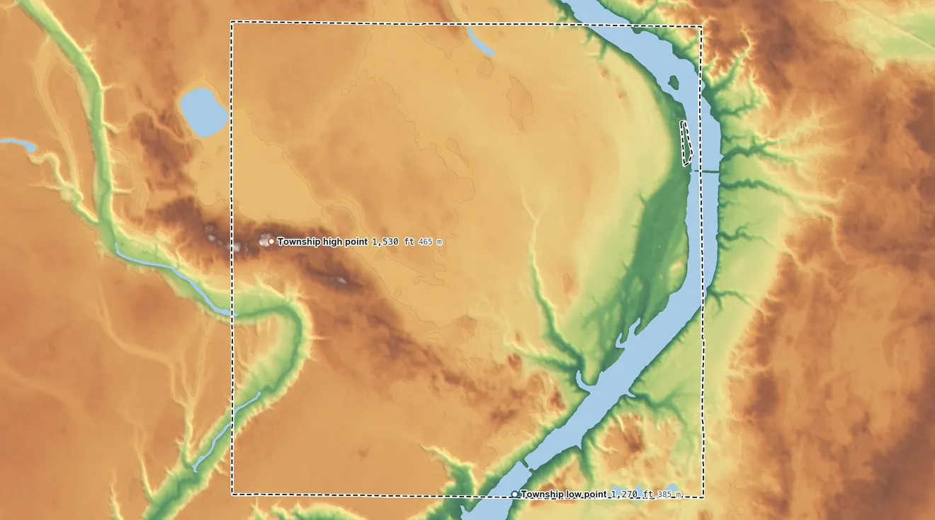 Topographic elevation map of Sibley Trail Township, North Dakota, shaded from 1,270 ft on the south side to 1,530 ft on the west side