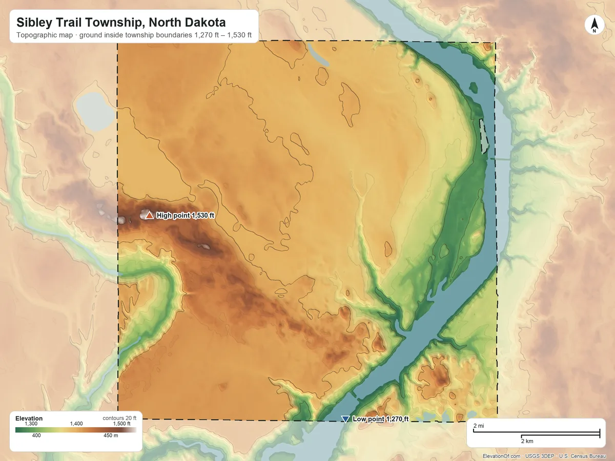 Topographic elevation map of Sibley Trail Township, North Dakota, shaded from 1,270 ft on the south side to 1,530 ft on the west side