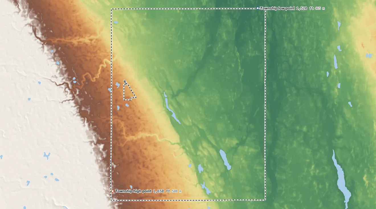 Topographic elevation map of Sidney Township, North Dakota, shaded from 1,520 ft on the east side to 1,650 ft on the southwest side