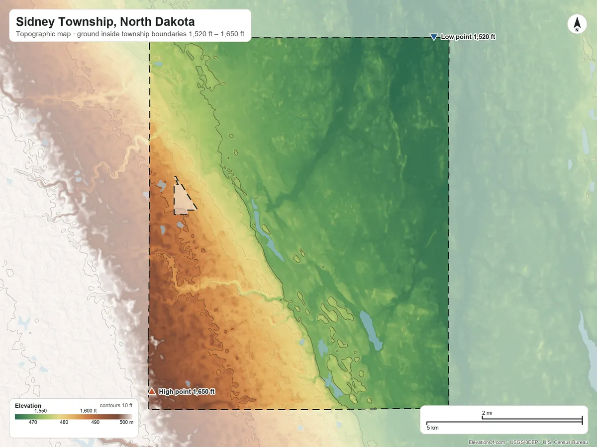 Topographic elevation map of Sidney Township, North Dakota, shaded from 1,520 ft on the east side to 1,650 ft on the southwest side
