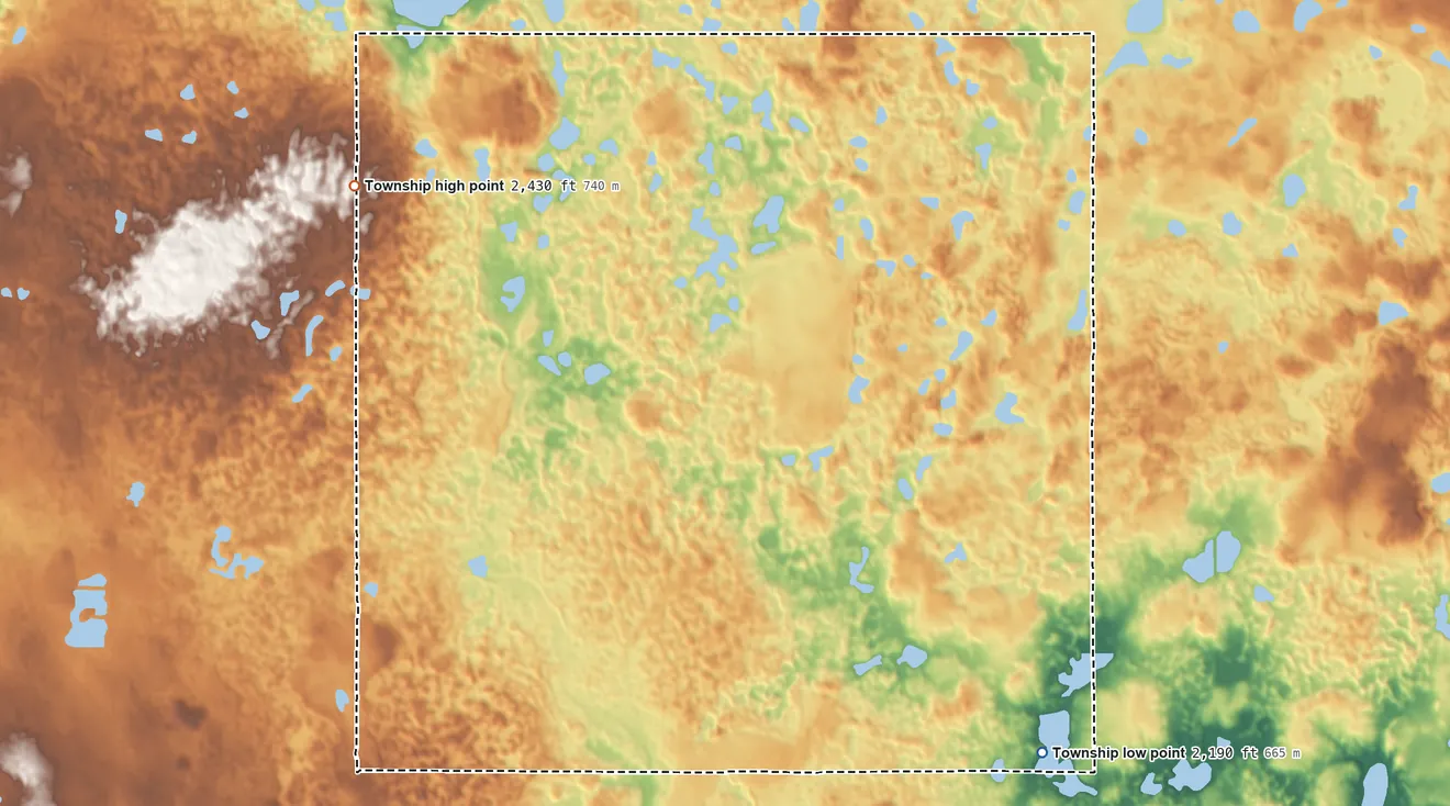 Topographic elevation map of Sidonia Township, North Dakota, shaded from 2,190 ft on the southeast side to 2,430 ft on the west side