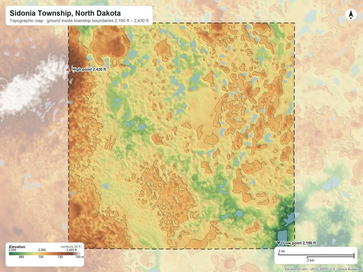 Topographic elevation map of Sidonia Township, North Dakota, shaded from 2,190 ft on the southeast side to 2,430 ft on the west side
