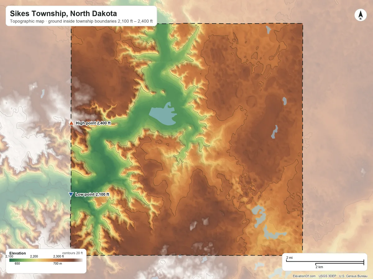 Topographic elevation map of Sikes Township, North Dakota, shaded from 2,100 ft on the southwest side to 2,400 ft on the west side