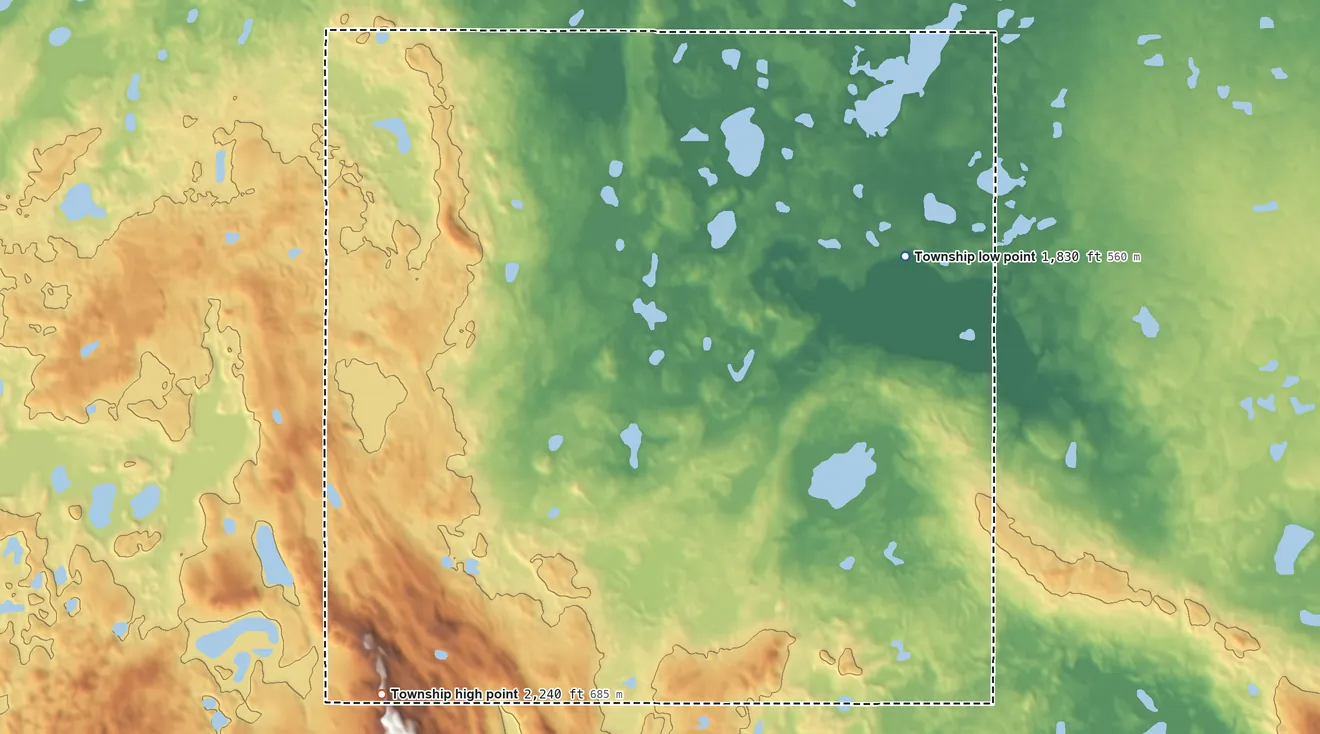 Topographic elevation map of Silver Lake Township, North Dakota, shaded from 1,830 ft near the middle to 2,240 ft on the southwest side