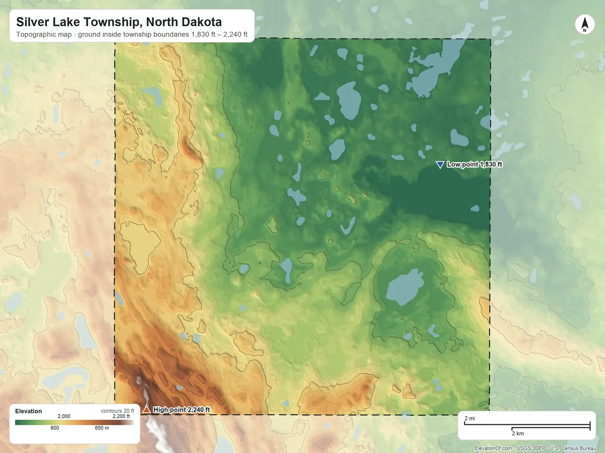 Topographic elevation map of Silver Lake Township, North Dakota, shaded from 1,830 ft near the middle to 2,240 ft on the southwest side