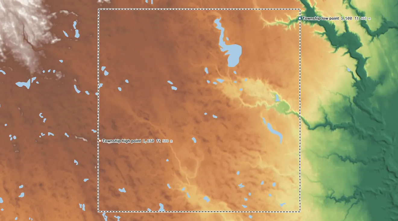 Topographic elevation map of Silvesta Township, North Dakota, shaded from 1,500 ft on the northeast side to 1,650 ft on the west side