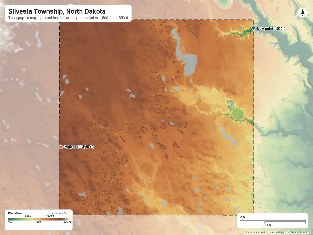 Topographic elevation map of Silvesta Township, North Dakota, shaded from 1,500 ft on the northeast side to 1,650 ft on the west side