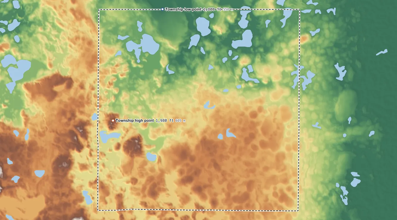Topographic elevation map of Sinclair Township, North Dakota, shaded from 1,800 ft on the northwest side to 1,980 ft on the west side