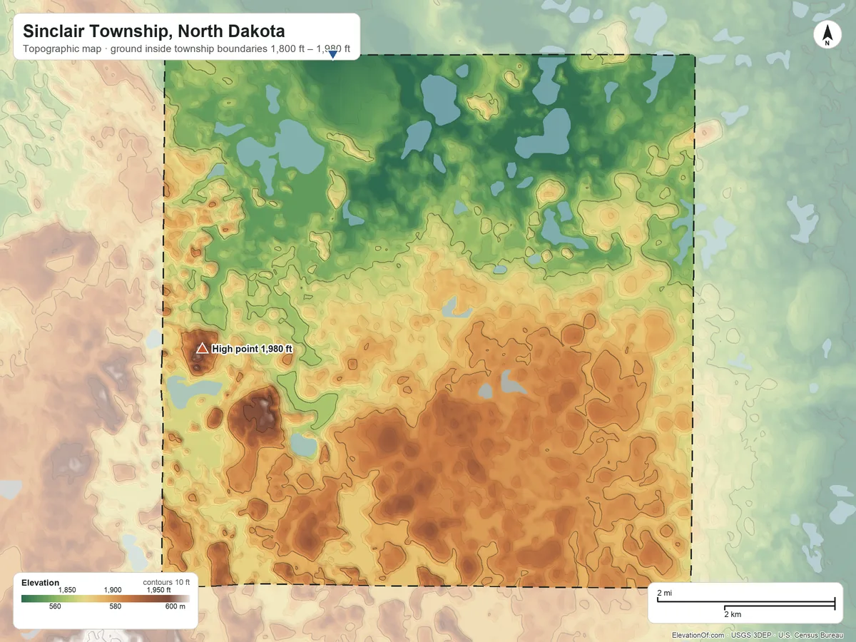 Topographic elevation map of Sinclair Township, North Dakota, shaded from 1,800 ft on the northwest side to 1,980 ft on the west side