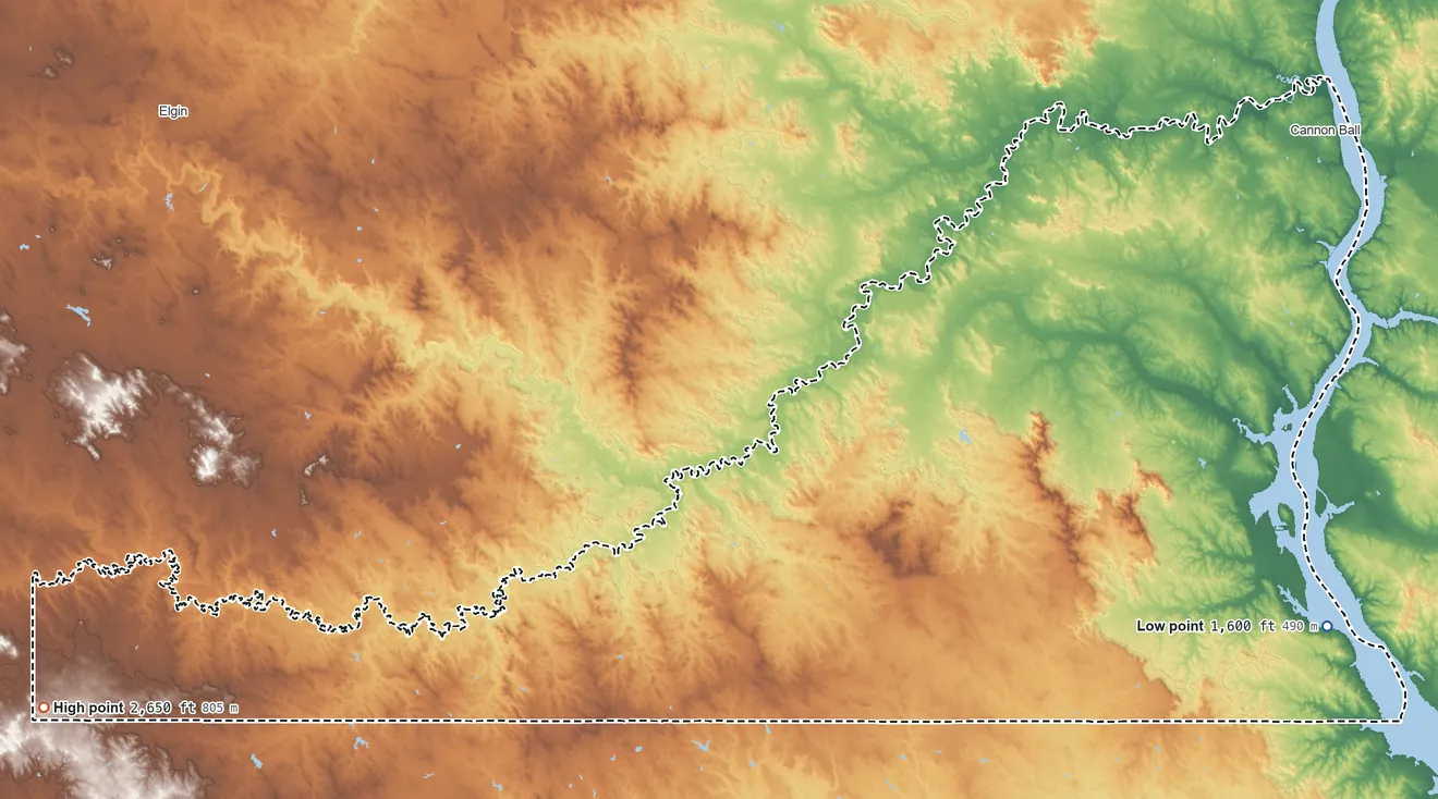 Topographic elevation map of Sioux County, North Dakota, shaded from 1,600 ft on the east side to 2,650 ft on the southwest side