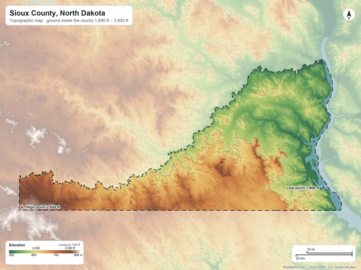 Topographic elevation map of Sioux County, North Dakota, shaded from 1,600 ft on the east side to 2,650 ft on the southwest side